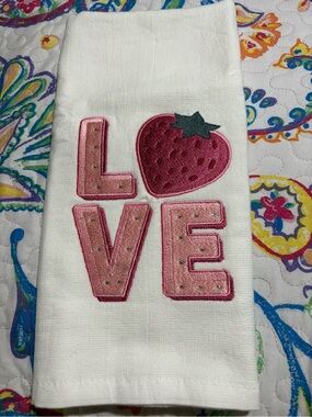 White Towel with Pink LOVE Strawberry Appliqué
